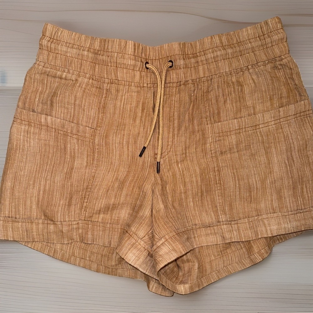 Athleta Women's Linen Shorts Pull On Tan Elastic Size 8 Drawstring 3.5" Inseam